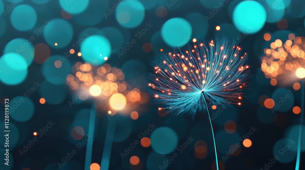 Poster a mesmerizing close-up of sparkling, illuminated dandelion-like structures against a blurred, colorf