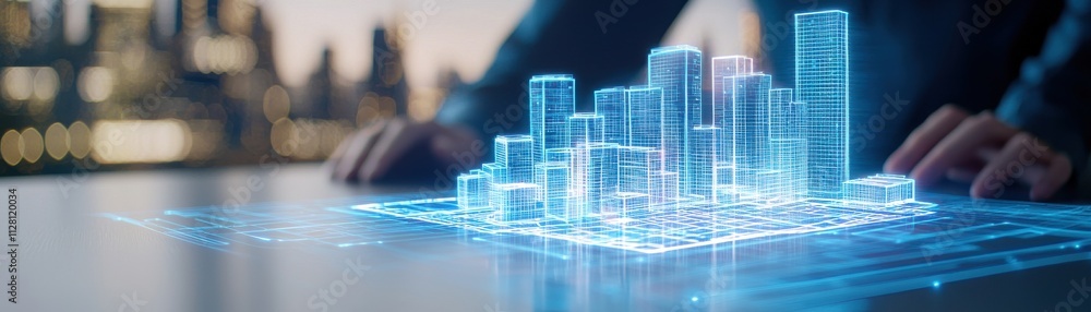 Poster a person interacts with a digital model of a cityscape, showcasing futuristic architecture and techn