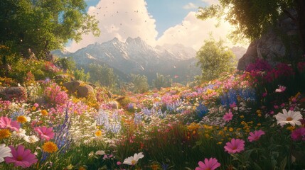 Obraz premium Vibrant Wildflower Meadow Against Majestic Mountain Range