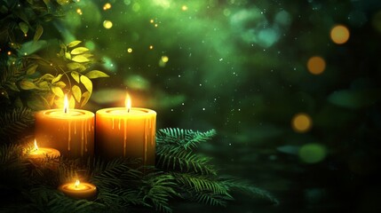 Illuminated Candles Amongst Green Foliage At Night