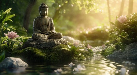 A serene scene of a Buddha statue meditating on mossy rocks in a lush green environment