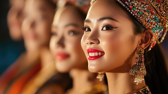 Traditional Asian Dancers in Vibrant Costumes - Powered by Adobe