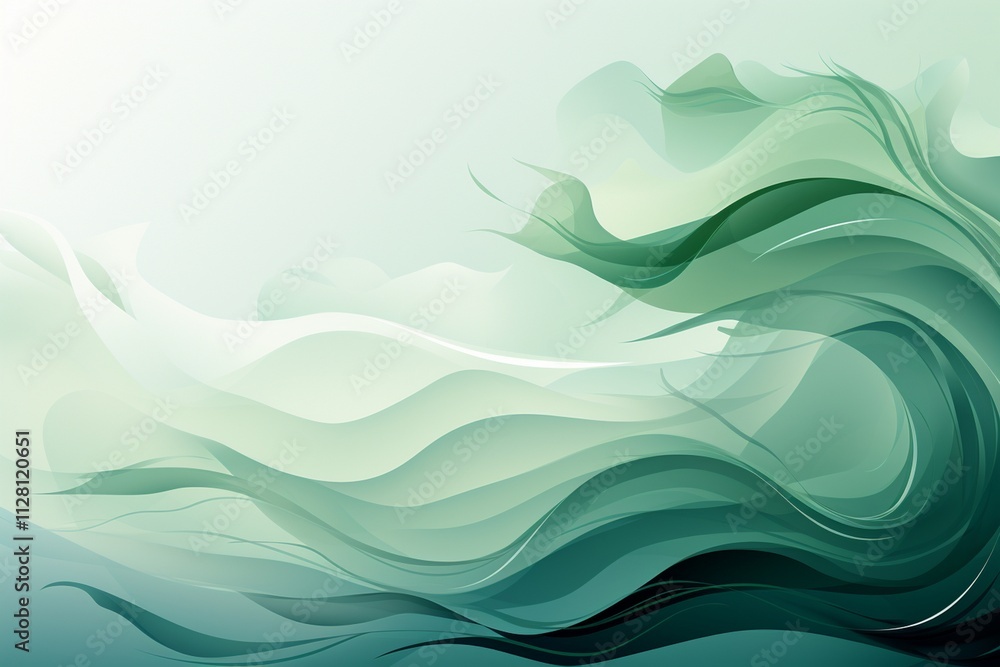 Poster abstract digital artwork of fluid swirling shapes in green and teal with serene gradient background