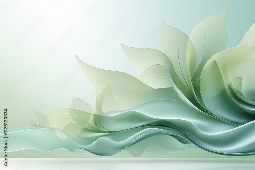 Poster abstract digital artwork of fluid swirling shapes in green and teal with serene gradient background