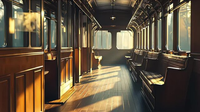 An elegant vintage train carriage features polished wooden seats, intricate metalwork, and soft lighting. The nostalgic ambiance invites travelers to imagine a journey back in time