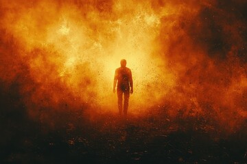 A determined construction worker stands boldly in a blaze of flames, silhouetted against a fiery backdrop, embodying strength and resilience at twilight