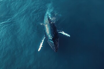 A majestic humpback whale gracefully gliding through the blue ocean, its smooth body and long flippers creating mesmerizing patterns in the water