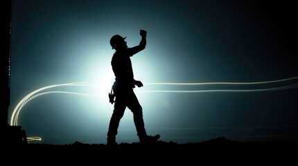 A construction worker silhouette stands triumphantly against a glowing backdrop, holding a tool aloft, reflecting hard work and dedication in an urban landscape at night