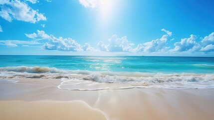 Beautiful Sandy Beach with Soft Blue Ocean Wave, Golden Sand, Gentle Ripple, Ideal Place for Relaxation and Enjoying the Seaside Scenery.