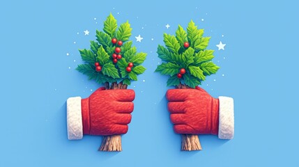 Two red-gloved hands holding festive greenery against a blue background.