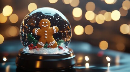 Christmas decorative empty glass snow globe in black blackground, podium with snowman,christmas tree,pine cone,white snowdrift under transparent dome, glow garland,Xmas greeting card with decoration.