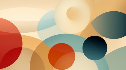 Abstract Digital Artwork with Overlapping Geometric Shapes in Red, Blue, Beige, and Orange on Soft Beige Background