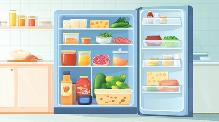 A colorful refrigerator filled with various food items and condiments.