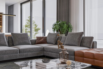 Live edge coffee table near gray corner modular sofa with panoramic windows in the minimal living room