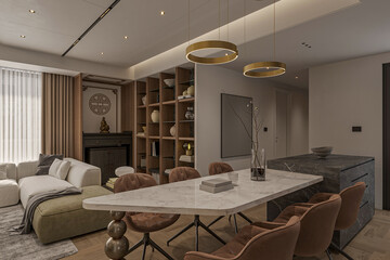 Modern interior of open space with design modular sofa, dining table and kitchen counter