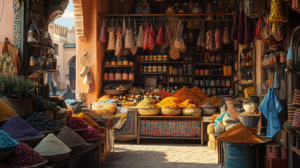 Illustrator of  Spices Market in a City with People Walking Down the Street

