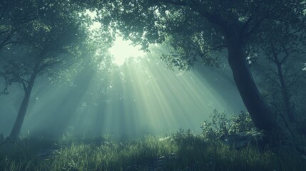 Obraz premium Sunbeams Illuminate a Misty Forest Scene