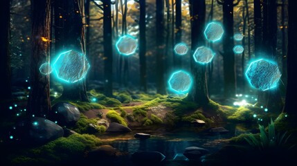 Obraz premium A calm and reflective fictional illustration icon that floats gently through a glowing forest.