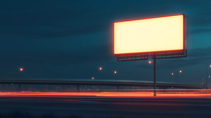 An illuminated blank billboard commands attention above a highway at night, shining against the deep blue-black sky. Fast-moving cars leave colorful streaks of light in their wake. The distant bridge