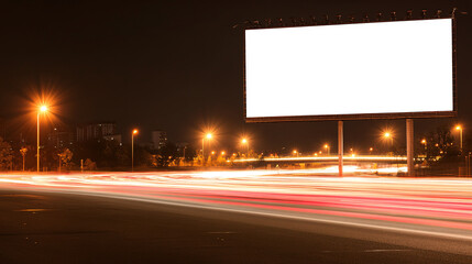 A blank, glowing billboard overlooks a vibrant highway filled with the movement of cars, their headlights and taillights creating streaks of red and white light. The dark night sky and a nearby