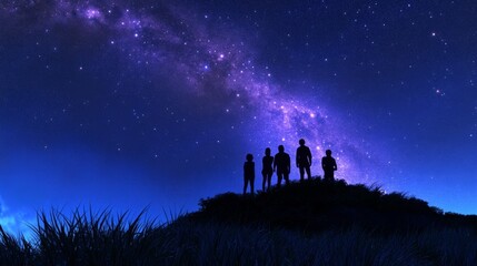 Group five people standing top hill looking up Matariki Star scene night