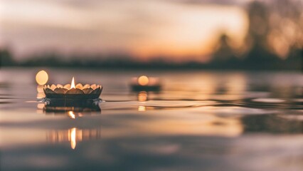 Soul and spirituality abstract concept for mourning and world human spirit day with warm candle light bokeh illumination, golden sunset sky and reflective river wave background