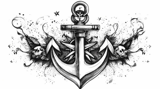 Nautical anchor tattoo design with compass in vintage dotwork style. Nautical. Illustration