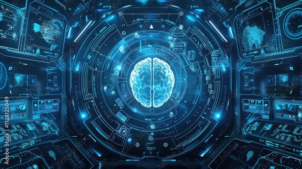 Poster futuristic interface displays brain data analysis