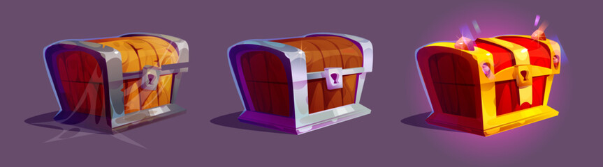 Closed wooden treasure chests - old abandoned with cobweb, ancient with metallic frame and royal shiny with golden and gemstone decoration. Game level rank progress steps of jewelry medieval case.