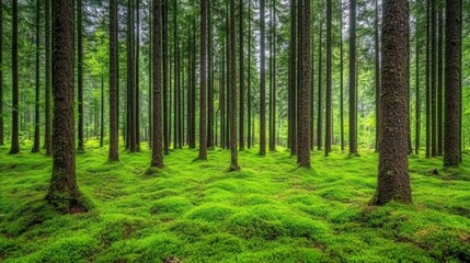 Fototapeta premium Lush Green Forest Mossy Floor Tall Trees
