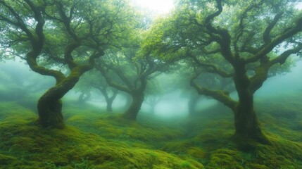 Fototapeta premium Mossy Trees Enveloped In Misty Green Forest