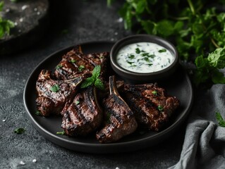 Fototapeta premium Grilled lamb chops served with a mint yogurt sauce on a dark plate.
