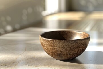 A handcrafted wooden bowl placed on a marble table catching soft afternoon light