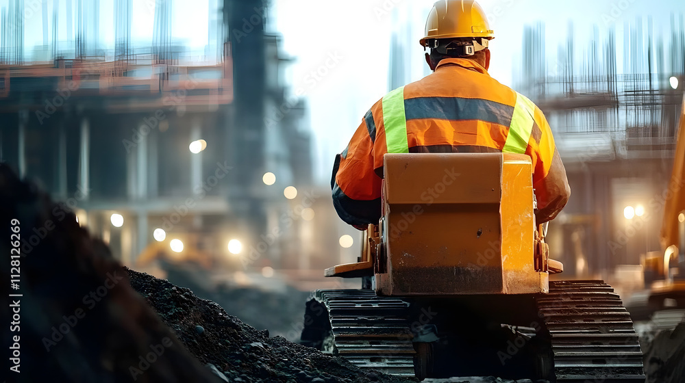 Poster abstract hydro digger operator on construction site in minimalist style