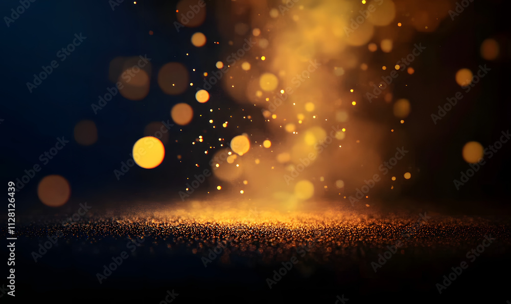 Poster slow-moving bokeh lights in various colors, softly merging with particles that sparkle and glow, set