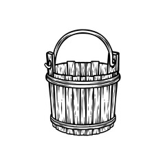 black and white illustration of a wooden bucket
