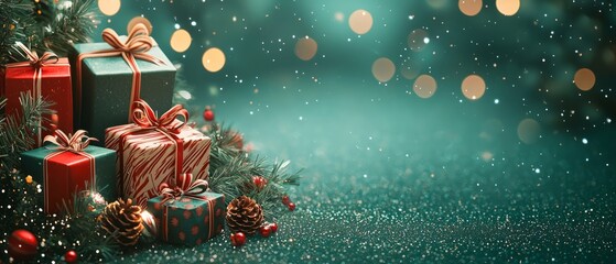 A Christmas banner with a green background and decorated presents at the bottom. The top part is open for text, Generative AI