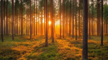Obraz premium Golden Sunset Through Tall Pine Trees In Forest