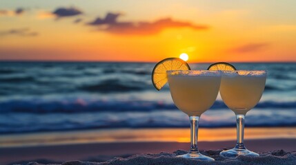A classic lime margarita in an elegant glass, garnished with salt and sliced orange at Sunset Beach. National Margarita Day