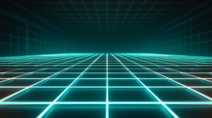 Teal Grid Lines Receding Into Dark Background