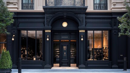 A black-painted boutique facade with Parisian-inspired architectural details, offering a sophisticated and classic look for a luxury retail space