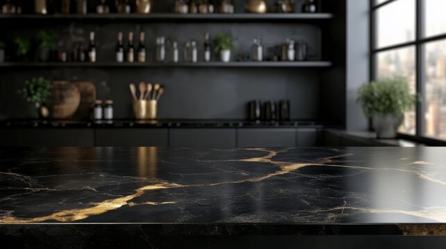 Close-up black marble countertop modern kitchen focus while Empty white table top
