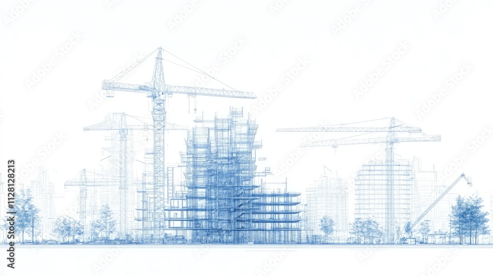 Aufkleber A blueprint-style representation of a building under construction, with structural elements and tools placed against a pure white background