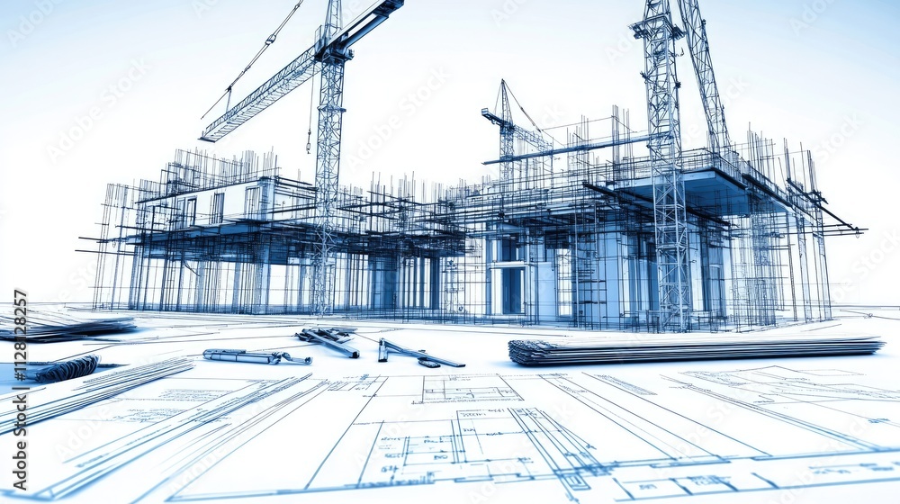 Poster A blueprint-style representation of a building under construction, with structural elements and tools placed against a pure white background