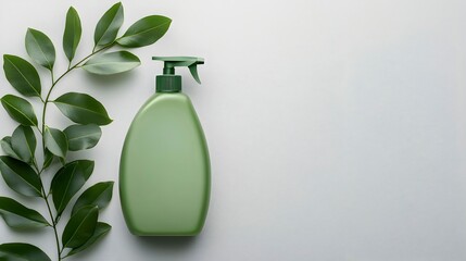 Fototapeta premium Green Plastic Bottle with Leaves on White Background