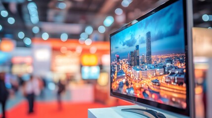 Large flat-screen TV mounted white wall exhibition hall Blurred of Trade fair