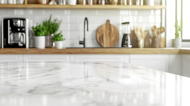 Modern kitchen white marble countertop foreground is focus Empty table top