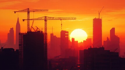 Fototapeta premium A breathtaking sunset with construction cranes in silhouette, casting long shadows over a developing urban skyline