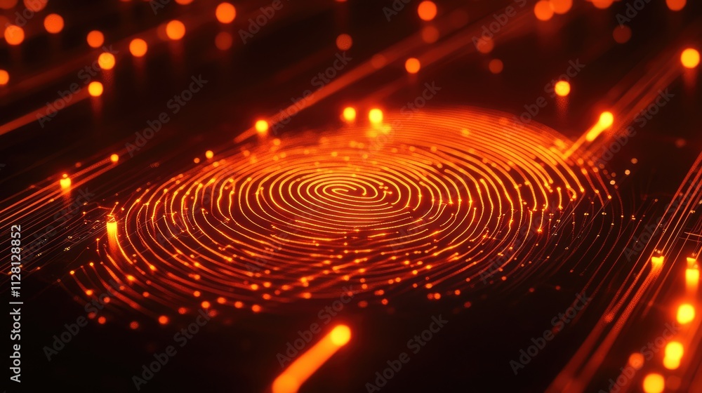 Aufkleber A bright orange digital fingerprint design, symbolizing cybersecurity and digital identity with glowing lines and high-tech visual elements