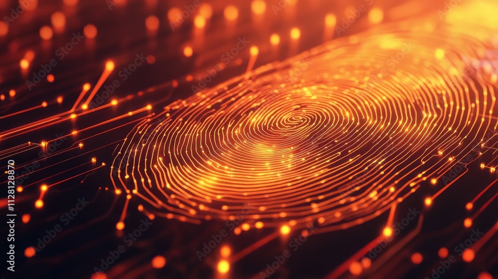 Poster A bright orange digital fingerprint design, symbolizing cybersecurity and digital identity with glowing lines and high-tech visual elements